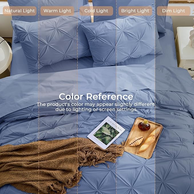 Sasttie Queen Comforter Set, 7-Piece Bed in a Bag, Pintuck Bedding Sets for All Season, Includes Comforter, Flat Sheet, Fitted Sheet, Pillowcases and Pillowshams, Slate Blue