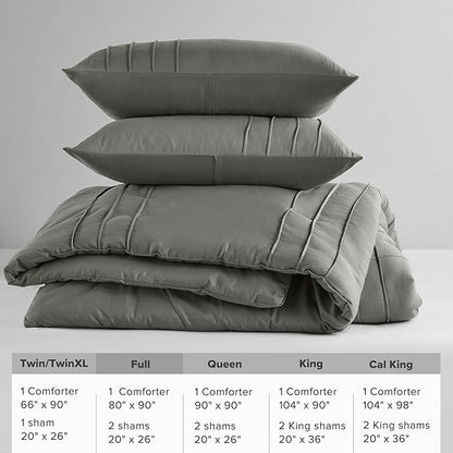 Comfort Spaces Grey Full Size Comforter Set - 3 Pieces Pintuck Pleated Bedding Sets, All Season Lightweight, Extra Softness Pre-Washed Microfiber Full Bed Set, Shams, Full
