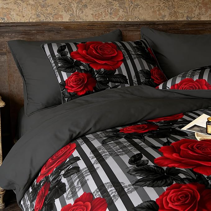 Dark Floral Comforter Set Full Size, Red Rose Soft Microfiber Bedding Set on Black Grey Stripe Background for Girls American Vintage Style Bedroom Decor, 3Pcs & 2 Pillowcases