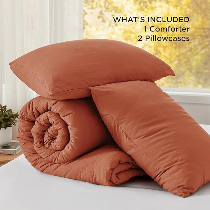 Bedsure Queen Comforter Set, Orange Soft Prewashed Bedding for All Seasons, 3 Pieces GentleSoft™ Bed Set, 1 Lightweight Comforter (90"x90") and 2 Pillowcases (20"x26")