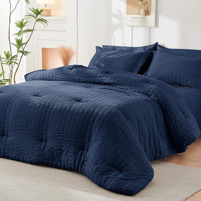 HYMOKEGE Navy Blue King Size Comforter Set Seersucker 7 Pieces, All Season Luxury Bed in a Bag for Bedroom, Bedding Set with Comforters, Sheets, Pillowcases & Shams