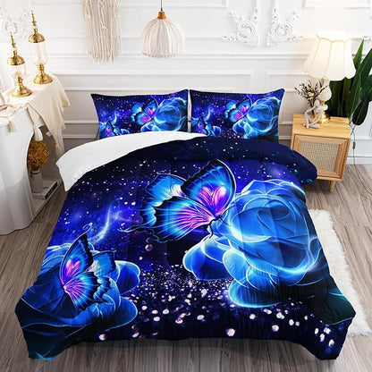 Galaxy Butterfly Comforter Set Full Size for Girls Kids Adults Butterfly Rose Bedding Set Aesthetics Butterflies Quilt Bed Set with 1 Comforter and 2 Pillowcases