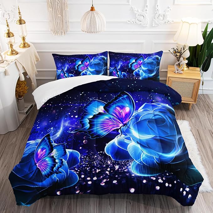 Galaxy Butterfly Comforter Set Twin Size for Girls Kids Adults Butterfly Rose Bedding Set Aesthetics Butterflies Quilt Bed Set with 1 Comforter and 2 Pillowcases