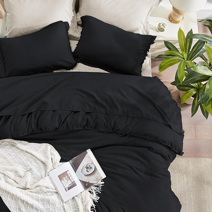 Andency Black Comforter Set Queen, 3 Pieces Boho Tassel Lightweight Bedding Comforter Sets, All Season Soft Fluffy Fringe Bed Set (90x90In Comforter & 2 Pillowcases)
