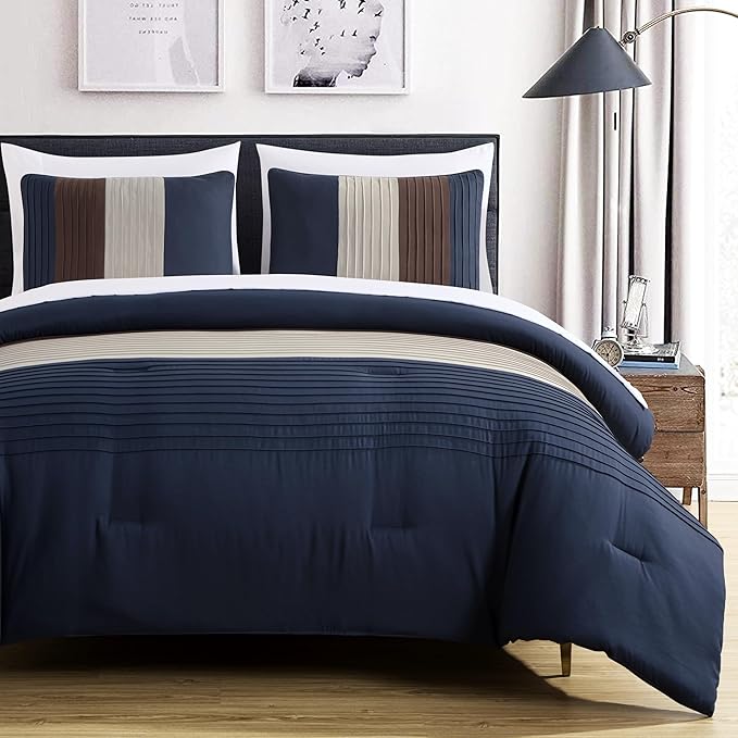 Chezmoi Collection Briar 7-Piece California King Bed in a Bag - All Season Lightweight Microfiber Comforter Set - Includes Sheets & Shams - Midnight Blue/Brown/Coffee Pleated Stripe Design
