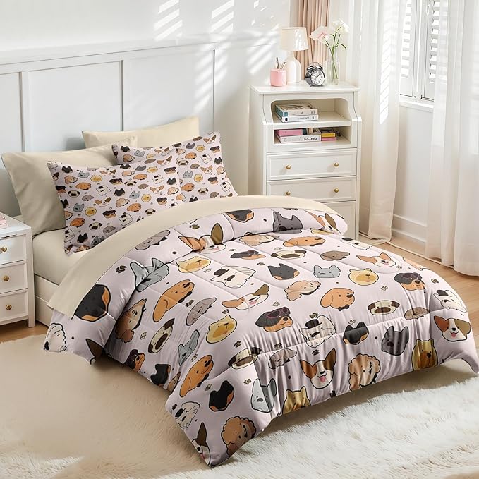 Nesker 5 Pcs Comforter Set Twin Size, Kids Cute Cartoon Pug Puppy Bedding Set for Kids and Adults, Animal Dog Cream Bed Sheet Sets with Fitted Sheet Pillowcases & Shams