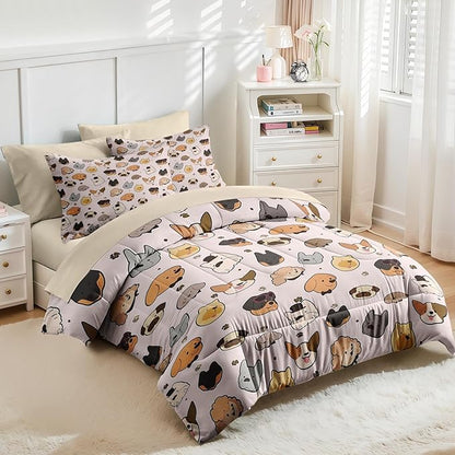 Nesker 7 Pcs Comforter Set Full Size, Kids Cute Cartoon Pug Puppy Bedding Set for Kids and Adults, Animal Dog Cream Bed Sheet Sets with Fitted Sheet 2 Pillowcases & 2 Shams
