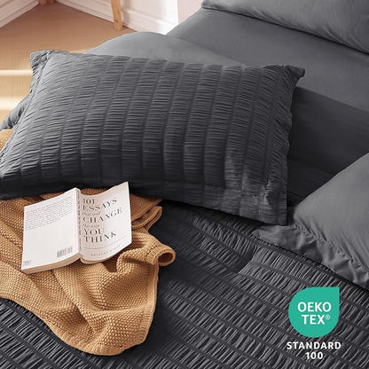 MUXHOMO 5 Pieces Twin Comforter Set, Seersucker Bed in a Bag Twin Size, All Season Luxury Bedding Set with Comforter, Flat Sheet, Fitted Sheet, Pillowcase & Sham, Dark Grey
