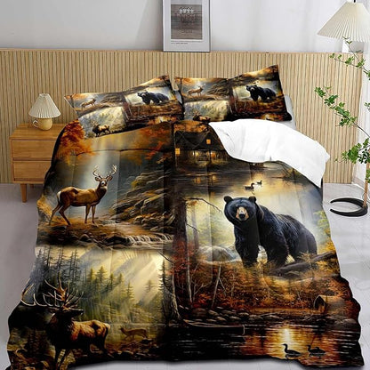 LUVIVIHOME 3PCS Black Bear Deer Comforter Set Queen Size, Elk Moose Mallard Duck Woodland Forest Animal Wildlife Hunting Camo Hunter Country Lodge Rustic Farmhouse Cabin Bedding Sets, 2 Pillow Shams