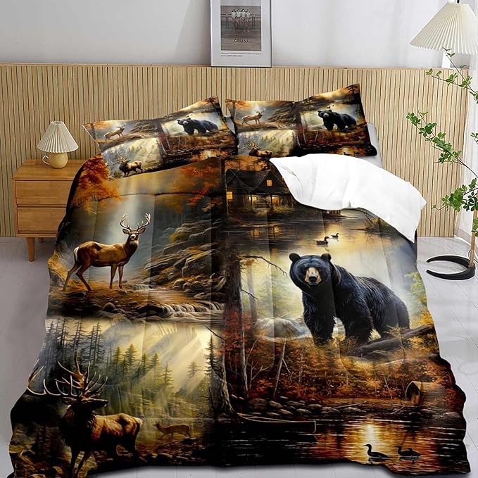 LUVIVIHOME 3PCS Black Bear Deer Comforter Set Full Size, Elk Moose Mallard Duck Woodland Forest Animal Wildlife Hunting Camo Hunter Country Lodge Rustic Farmhouse Cabin Bedding Sets, 2 Pillow Shams