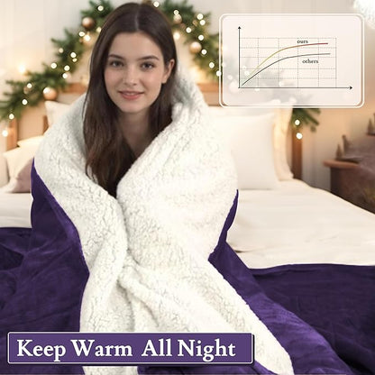 Electric Heated Blanket 50"x60" Throw Size Flannel & Sherpa - 4 Heat Settings & 3H Auto Shut Off, Fast Heating, Machine Washable for Bed, Couch, Office - Purple