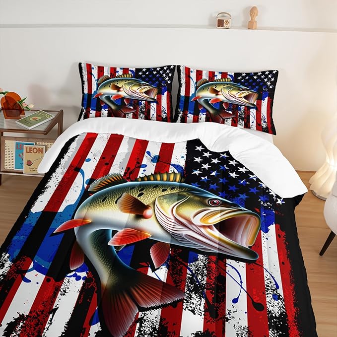 HOSIMA Big Pike Fishing Comforter Set,Bass Fish American Flag Pattern Hunting and Fishing Bed Set Queen Size for Boys Room Decor, Bed in a Bag for Teens with 2 Pillowcases.
