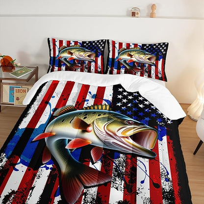 HOSIMA Big Pike Fishing Comforter Set,Bass Fish American Flag Pattern Hunting and Fishing Bed Set Twin Size for Boys Room Decor, Twin Bed in a Bag for Teens with 2 Pillowcases.