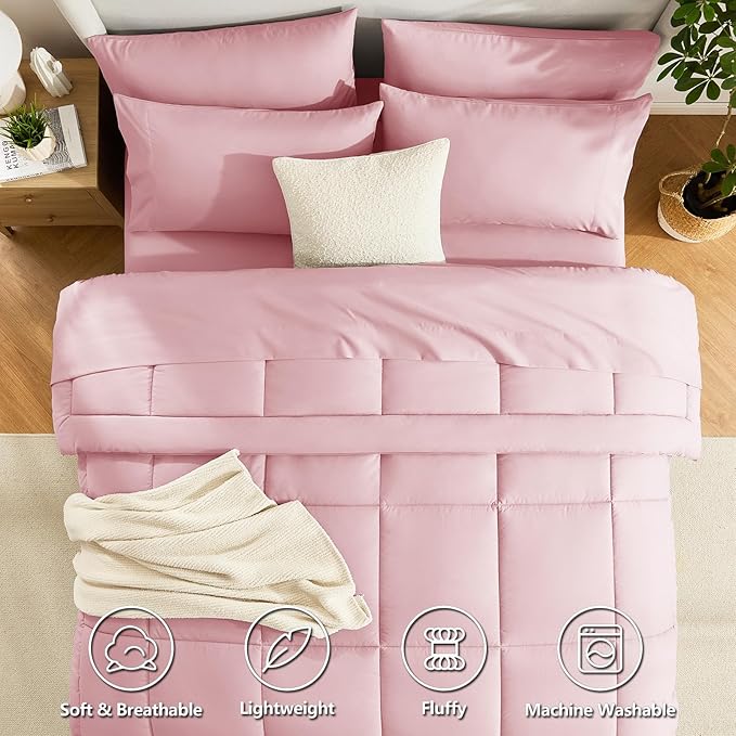CozyLux Queen Size Comforter Sets Pink, 7 Pieces Bed in a Bag, Pink Comforter Queen Size, All Season Bedding Sets with Stitch Quilted Comforter, Flat Sheet, Fitted Sheet, Pillowcases