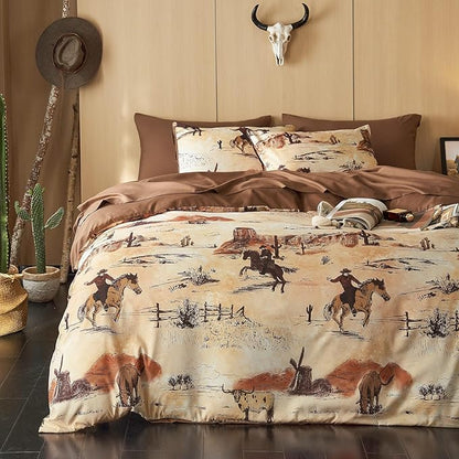 Wake In Cloud - Western Comforter Set, Rustic Ranch Life with Cowboy Southwestern Vintage Country Pattern Printed, Soft Lightweight Bedding, 3 Pieces, Ochre Brown, King Size