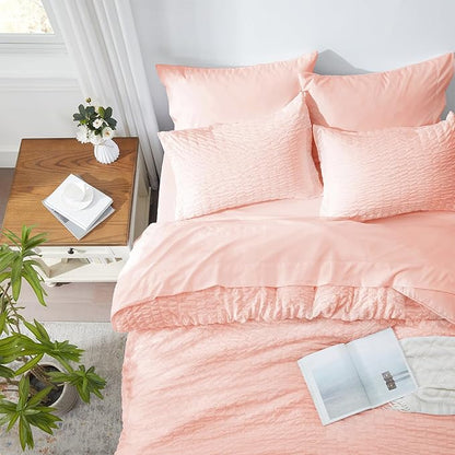 Zzlpp King Comforter Set 7 Pieces, Pink Seersucker Bed in a Bag with Comforter and Sheets, All Season Bedding Sets with 1 Comforter, 2 Pillow Shams, 2 Pillowcases, 1 Flat Sheet
