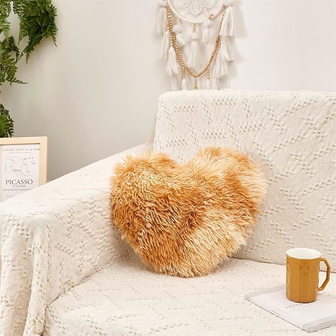 MOOWOO Fluffy Heart Pillow, Faux Fur Throw Pillow,Sherpa Plush Fluffy, Cute Soft Throw Cushion, Valentines Day,Thanks Giving Days,Christmas Day Decorative for Home Bed Couch Heart Shape