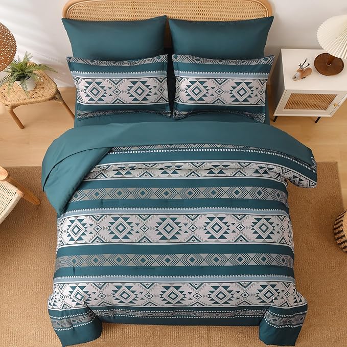 Anibedding Teal Comforter Set Queen 7 Pieces Boho Western Bedding Set for All Season, Aztec Bed in a Bag Queen Soft Microfiber Comforter Set with Sheets, Pillowcases & Shams