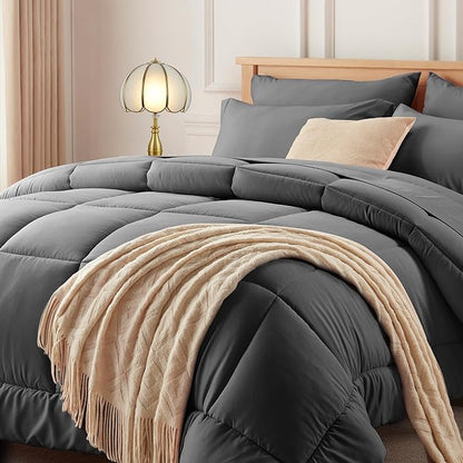 Newspin King Comforter Set Dark Grey - Bed in a Bag King Size 7 Pieces, All Season Bed Set, Fluffy Comforter Set with Sheets, Sheet Set Quilt Blanket, Pillowcases & Shams