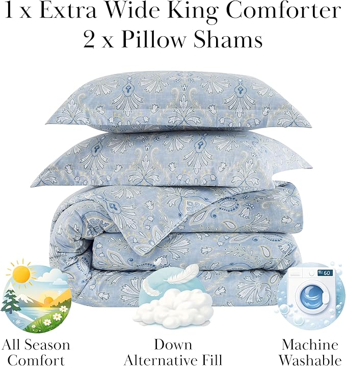 Southshore Fine Living, Inc. 3-Piece Premium Bedding California King Comforter Set, All Season Down Alternative, Oversized Bedspread with 2 Pillow Shams, California/King Bedding, Paisley Blue