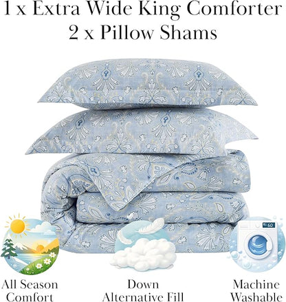 Southshore Fine Living, Inc. 3-Piece Premium Bedding California King Comforter Set, All Season Down Alternative, Oversized Bedspread with 2 Pillow Shams, California/King Bedding, Paisley Blue