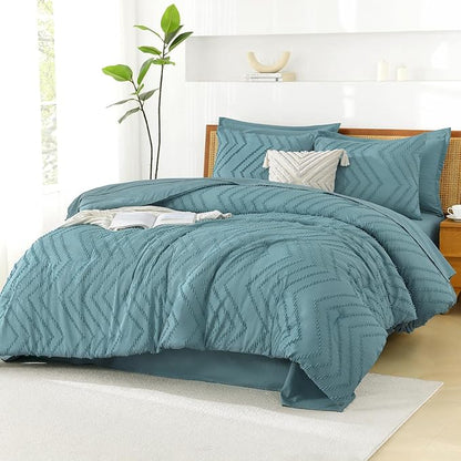 Litanika Grayish Teal California King Size Comforter Set with Sheets - 7 Pieces Bed in a Bag California King Boho Tufted Complete Bedding Sets with Comforter, Sheets, Pillowcases & Shams