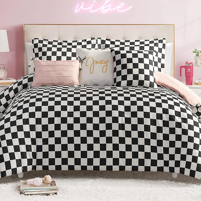Juicy Couture Reversible Checkerboard Comforter Set 6-Piece King Set, Black/White