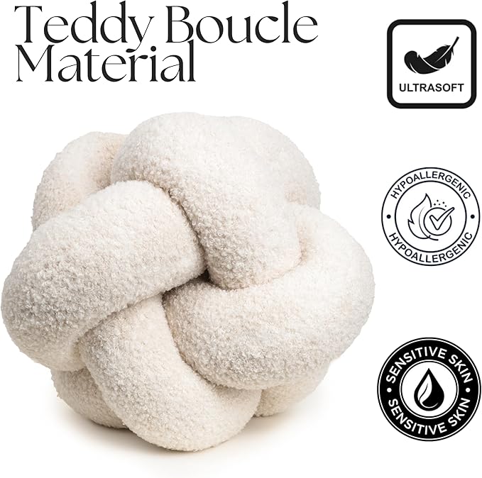 SAMIAH LUXE Cream White Knot Pillow Ball 12" for Home Decor Living Room, Teddy Boucle Knotted Decorative Pillows for Couch, Knot Throw Pillows for Living Room Decor, Sensory Knotted Circle Pillow