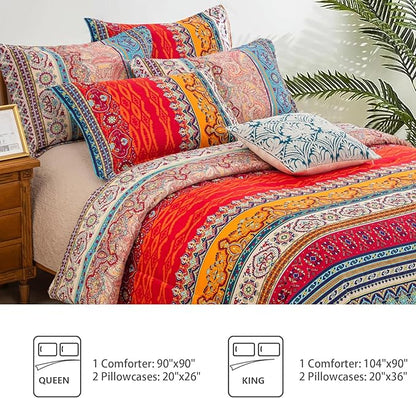 Goodidea Striped Bohemian Comforter Set Queen Size 3 Pieces Boho Hippie Geometric Bedding Set Soft Breathable Reversible Microfiber Boho Comforter with 2 Pillowcases(20"x26")