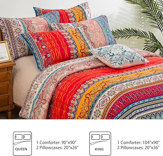 Goodidea Striped Bohemian Comforter Set King Size 3 Pieces Boho Hippie Geometric Bedding Set Soft Breathable Reversible Microfiber Boho Comforter with 2 Pillowcases(20"x36")