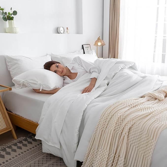 COTTEBED Super Soft King Size Comforter Set with Sheets - 7 Pieces KING BED IN A BAG Modern Farmhouse Hotel PolyCotton Down Comforter and Bedding Sheet Set Pillow Sham Lightweight All Season Use White