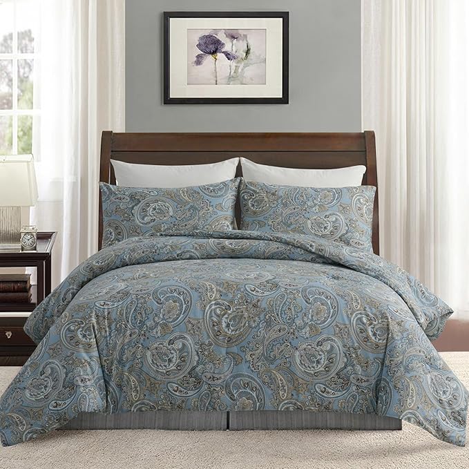 Blue Paisley Comforter Set Queen, 100% Cotton Boho Paisley Pattern Comforter Set 3 Pcs Soft Cotton Lightweight Comforter All Season Down Alternative Bedding Sets