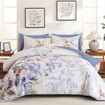 Xruibed Beige Comforter Set King Size 7 Pieces Bed in a Bag, Botanical Floral Print Bed Sets, Flower Comforter with Sheet Set, Soft Microfiber Neutral Bedding Set for All Season (Beige, 104"x90")