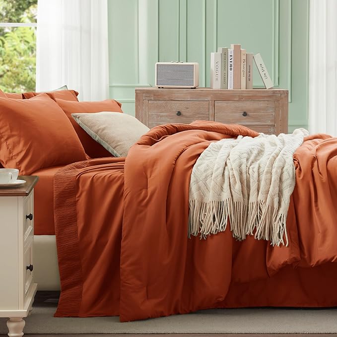 Anluoer Burnt Orange Full Comforter Set 7 Pieces, Bed in a Bag with Sheets, All Season Bedding Sets with 1 Comforter, 2 Pillow Shams, 2 Pillowcases, 1 Flat Sheet, 1 Fitted Sheet