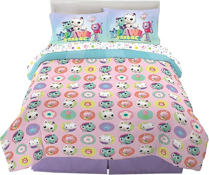 DreamWorks Gabby's Dollhouse Cakey, MerCat And Pandy Kids Bedding Super Soft Comforter And Sheet Set, 5 Piece Full Size, By Franco.