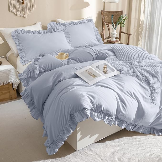 Sanracie Ruffled Bedding Comforter Sets King Size, Cotton Comforters Set 3Pcs for All Season Cornflower Blue Shabby Boho Chic Bedding French Country Farmhouse Rustic Aesthetic Bedroom Sets