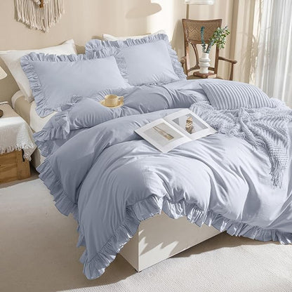 Sanracie Ruffled Bedding Comforter Sets King Size, Cotton Comforters Set 3Pcs for All Season Cornflower Blue Shabby Boho Chic Bedding French Country Farmhouse Rustic Aesthetic Bedroom Sets