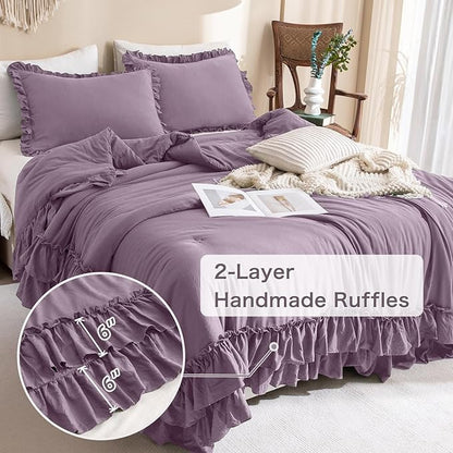 Masaca Farmhouse King Size Comforter Set,Shabby Boho Chic Bedding Grayish Purple Ruffled King Bed Comforter Vintage Rustic Bedding Sets 3 Pieces (1 Ruffle Comforter and 2 Pillowcases)