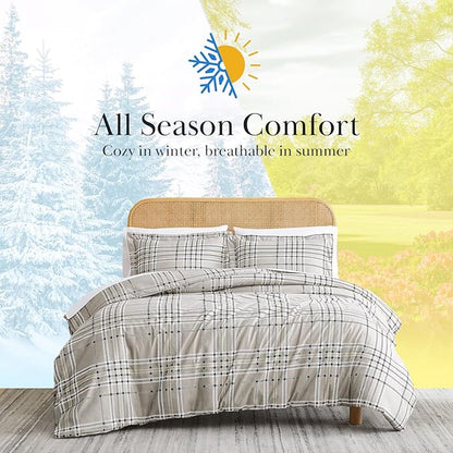 Southshore Fine Living, Inc. 3-Piece California King Size Comforter Set with 2 Pillow Shams, Cozy Double Brushed Microfiber, Down Alternative Plaid Comforter, King/California Size, Mocha Beige Plaid