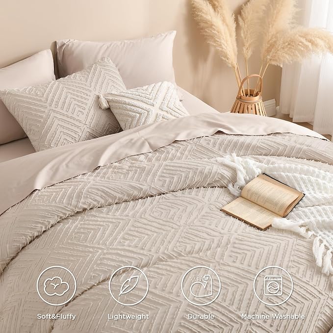 Andency Khaki Comforter Full Size, 3 Pieces Boho Lightweight Fluffy Bedding Comforter Set for Full Bed, Tufted Farmhouse Soft Warm Bed Set for All Seasons (1 Comforter 79x90In, 2 Pillowcases)