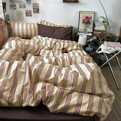 mixinni Vintage Striped Comforter Set Full Size - Soft Cotton 3-Piece Boho Bedding Set (1 Comforter+ 2 Pillowcases), Rustic Red-Brown Geometric Stripes, Ultra-Soft & Breathable for All Seasons