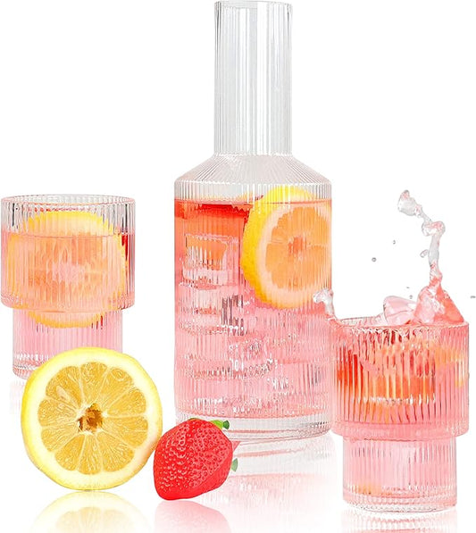 3pc Vintage Bedside Water Carafe and Glass Set - 28.7oz Glass Juice Pitcher with Lids for Fridge or Nightstand - Use for Water, Juice, Milk, Wine, and More