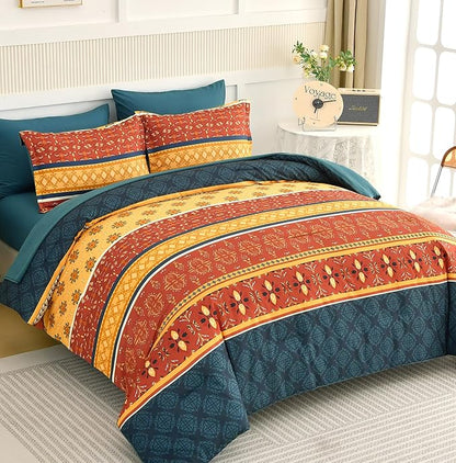 WONGS BEDDING Boho Comforter Set Queen Size,7 Pieces Bed in a Bag Bohemian Striped Bedding Set,Burnt Orange Paisley Floral Comfortet and Sheet Set,Soft Microfiber Bedding Sets for All Season