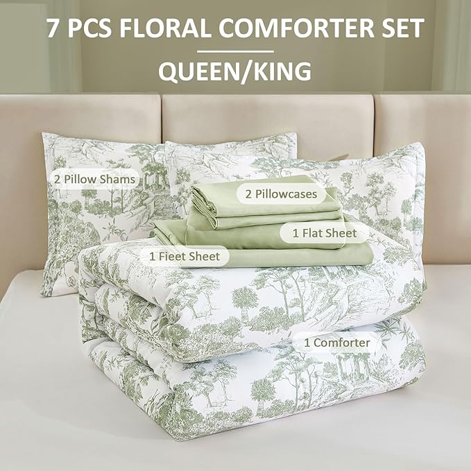 DJY Comforter Set Queen Size, Sage Green 7 Pieces Bed in a Bag Queen Botanical Comforters with Sheets Elegant Plants Print Soft Microfiber Reversible Complete Bedding Sets for All Season