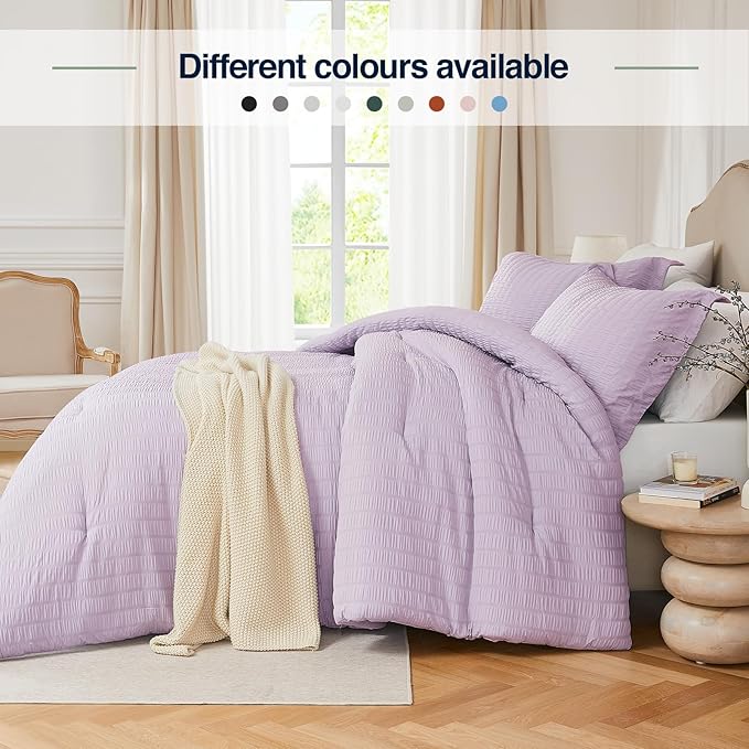 Oversized Queen Comforter Set Light Purple,Extra Length Fit for Thick Mattresses,3PCS Seersucker Bedding Comforter for All Season, Oversized Queen Size(98''×98'' Comforter & 2 Pillowcases)