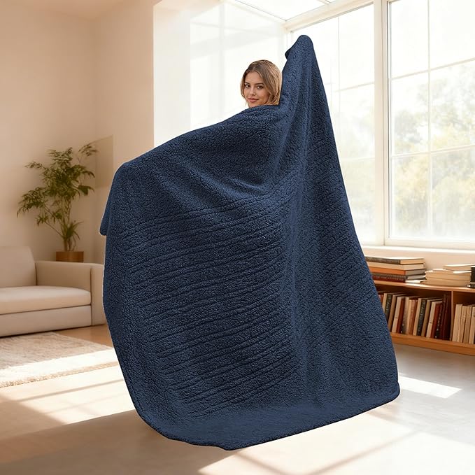 Electric Heated Blanket Throw Size 50"×60" with 9 Heating Levels 1-10 Hs auto Off, Heating Throw Double Sided Sherpa, Energy Efficient, Machine Washable, for Sofa & Office, Dark Blue
