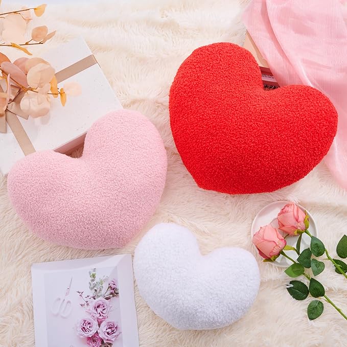3 Pcs Heart Shaped Throw Pillows Set, Soft Teddy Fleece Plush Decorative Cushions in Red Pink White, Cute Aesthetic Accent Pillows for Sofa Couch Bed Bedroom Apartment Dorm Room Decor