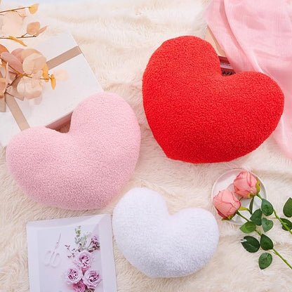3 Pcs Heart Shaped Throw Pillows Set, Soft Teddy Fleece Plush Decorative Cushions in Red Pink White, Cute Aesthetic Accent Pillows for Sofa Couch Bed Bedroom Apartment Dorm Room Decor