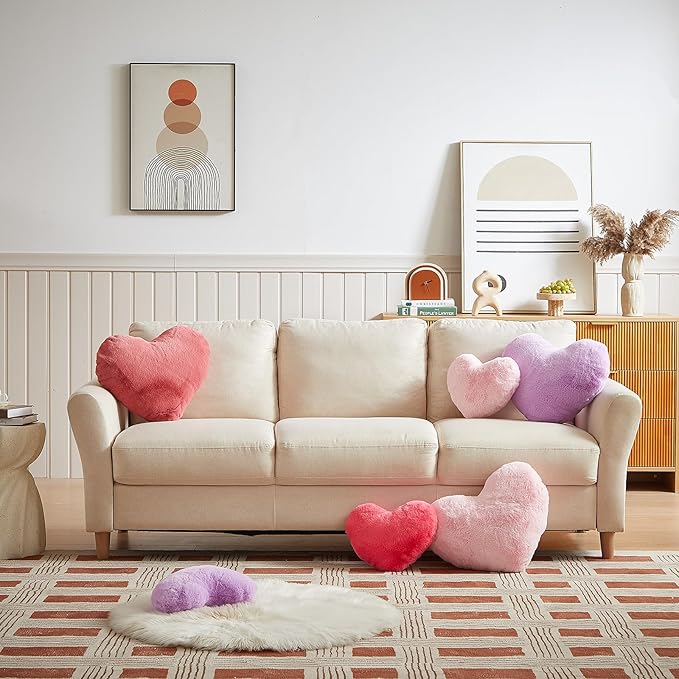 EastTree Valentines Heart Pillows, Pink Heart Shaped Pillows, Love Throw Pillows Gifts, Ultra Soft Faux Rabbit Fur Cute Pillows, Women Girls Kid Room Decor 10x13 Inch