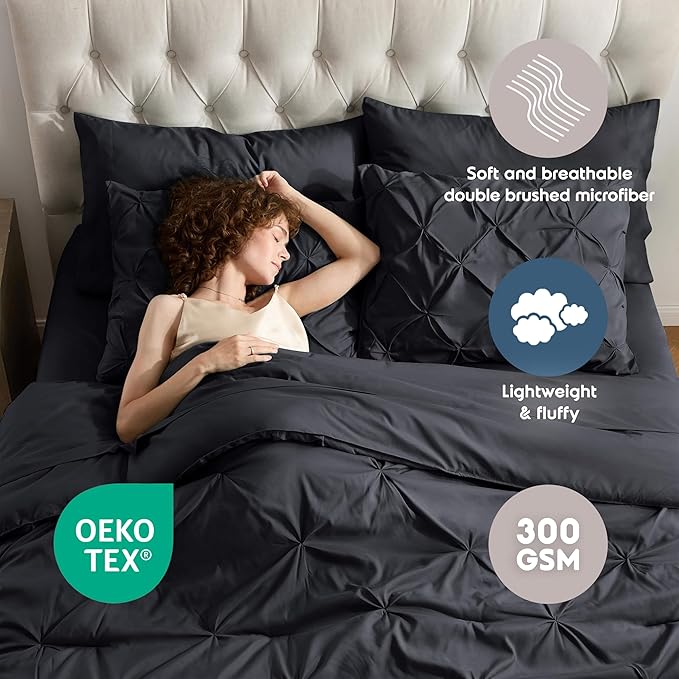 Nestl Queen Comforter Set 7 Piece - Pinch Pleated Comforters Queen Size Black, Bed in a Bag Queen All Season, Queen Size Comforter Sets Bedding with Flat Sheet and Fitted Sheet, Pillowcases and Shams